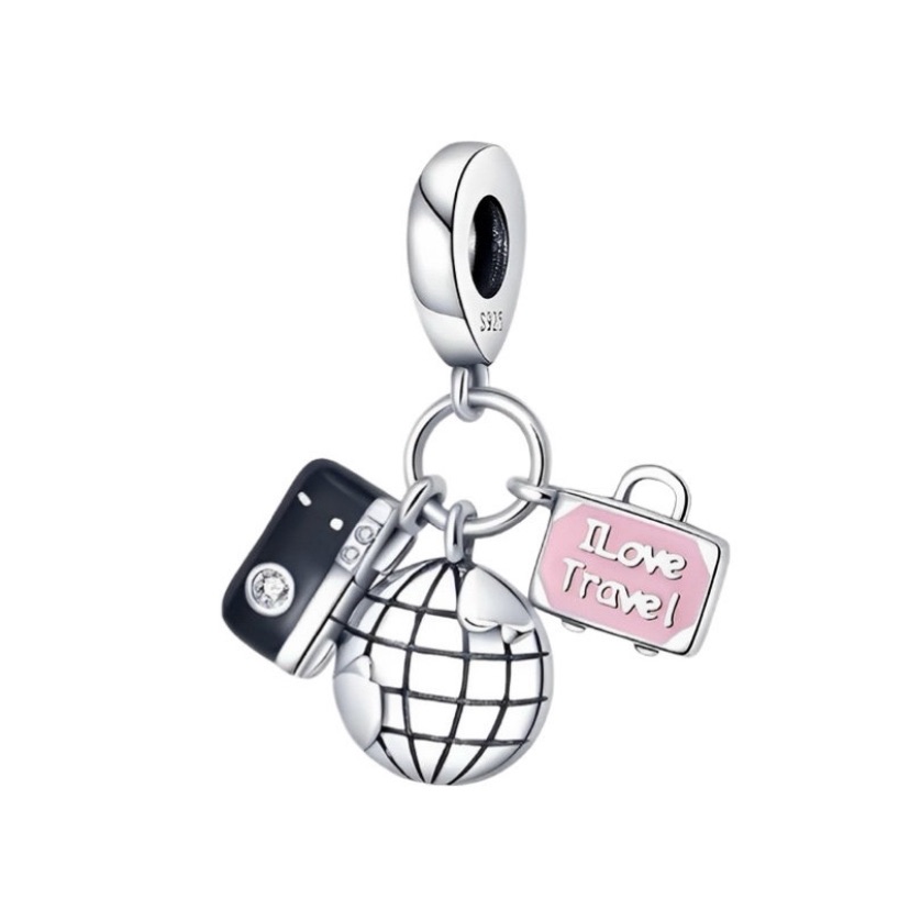 Pink Camera Globe And Luggage Trio Dangle Charm 925 Sterling Silver